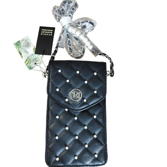 Badley Mischa Black Quilted Crossbody Bag Studio Pearl Accent Silver Chain Strap - Picture 1 of 10